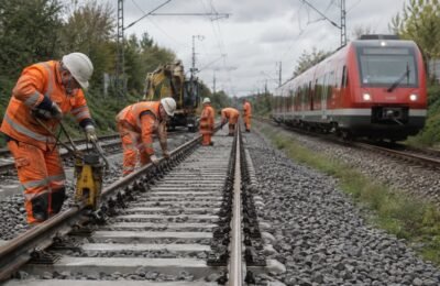 Ремонт Deutsche Bahn при движении поезда по соседнему пути