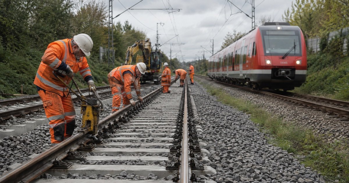 Ремонт Deutsche Bahn при движении поезда по соседнему пути Ремонт Deutsche Bahn при движении поезда по соседнему пути